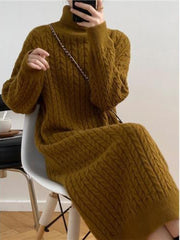 High Collar Sweater Dress Women Casual Loose Thick Warm Long Knit Winter Fashion Dress