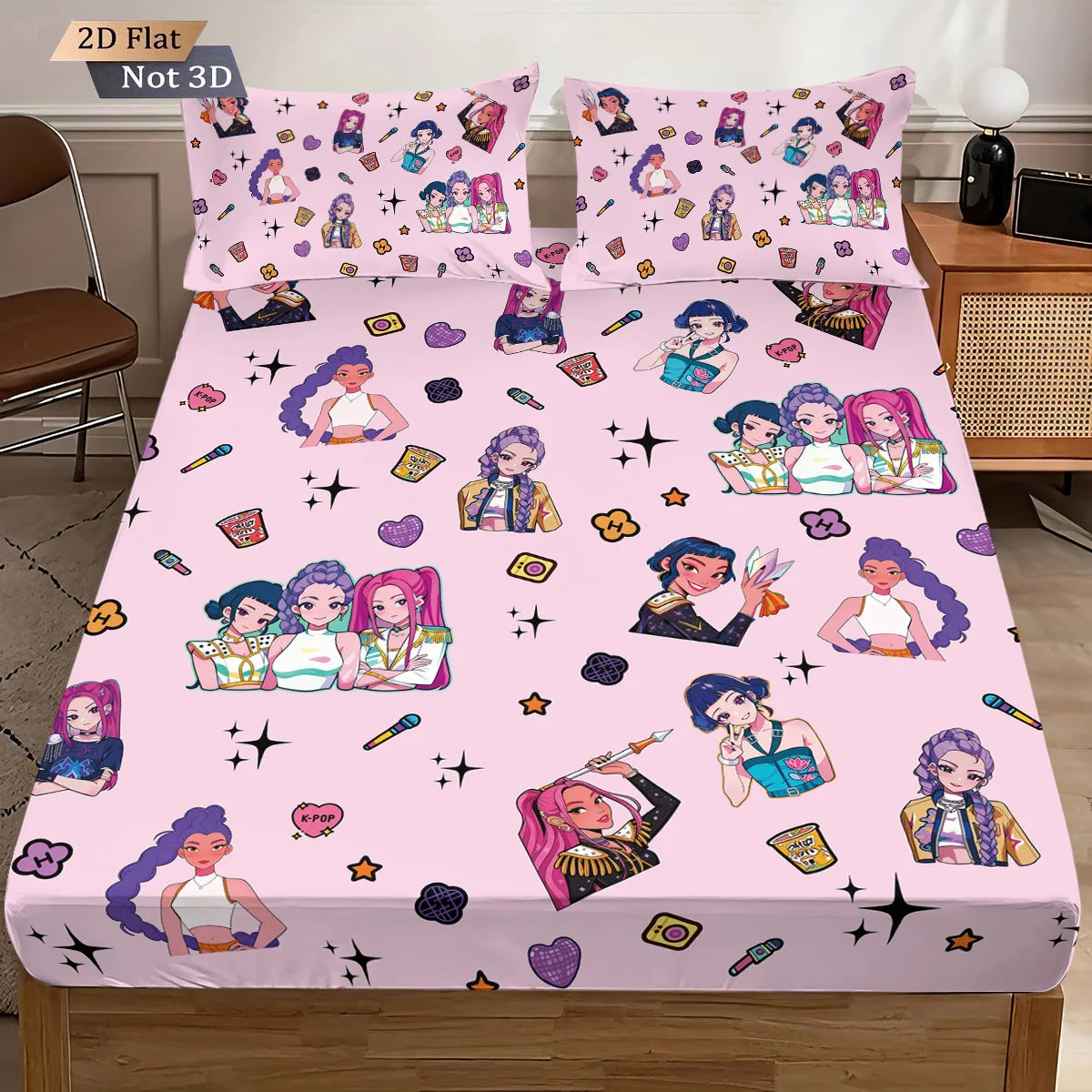 Bedding set with cartoon character design on a bed in a room.