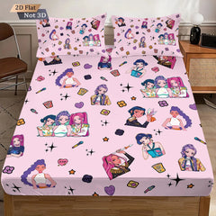 Bedding set with cartoon character design on a bed in a room.