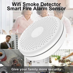 Wifi smoke detector smart fire alarm sensor with family and kitchen images