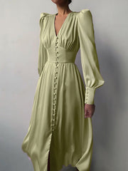 Long Sleeve Button Down Midi Dress Women Elegant Beige V-Neck High Slit Casual Work Cocktail