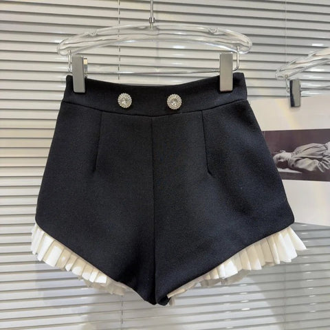 Shorts Women Rhinestone Metal Button Ruched Ruffle Black Casual Fashion Party Summer