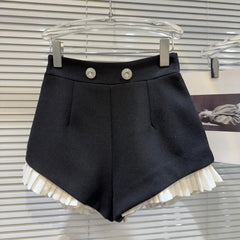 Shorts Women Rhinestone Metal Button Ruched Ruffle Black Casual Fashion Party Summer