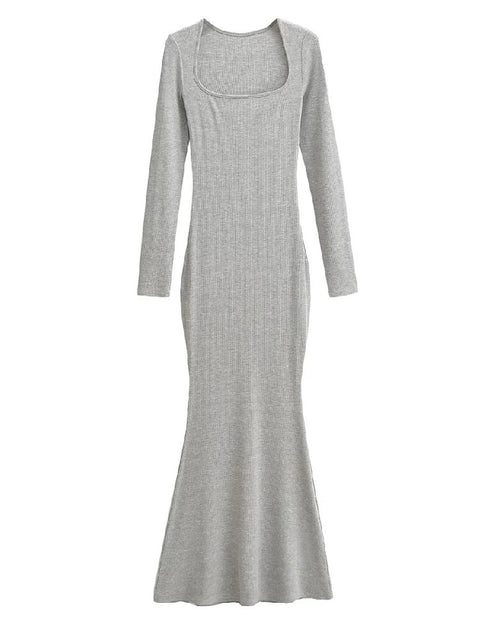 Square Collar Knitted Mermaid Maxi Dress Women Cotton Long Elegant Casual Winter Fashion