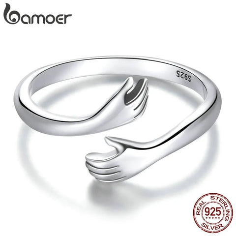 Hugging Hands Ring Women 925 Sterling Silver Platinum Plated Adjustable Love Symbol Jewelry Gift