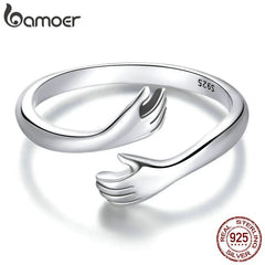 Hugging Hands Ring Women 925 Sterling Silver Platinum Plated Adjustable Love Symbol Jewelry Gift