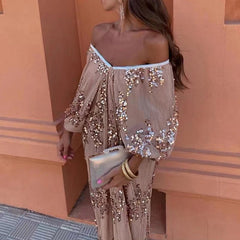 Sequin Maxi Dress Women Elegant Off Shoulder Batwing Sleeve Loose Deep V-Neck Cocktail Wedding Guest