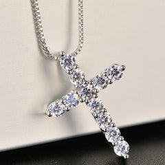 Cross Necklace Unisex 925 Sterling Silver Box Chain Shiny Crystal Classic Pendant Fashion Jewelry Gift