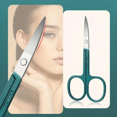 Teal scissors with a close-up of a woman's face on a teal background