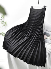 Women's Autumn Winter Spring Elegant Chic Solid Long Pleated Skirt High Waist with Chiffon Liner