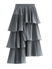 Midi Skirt Women Asymmetric Pleated Ruffle Irregular Hem Layered Elegant Casual Fashion Skirt