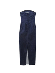 Strapless Backless Denim Maxi Dress Women Blue Zipper Split Frayed Party Casual Fashion Dress