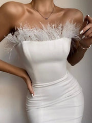 Midi Dress Women Strapless Backless Feather Bodycon Bandage Chic Party Clubwear Fashion Dress