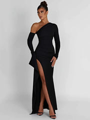 Women's Oblique Shoulder Thigh-High Split Maxi Dress Long Sleeve Half Backless Bodycon Sexy Wedding Prom Dress