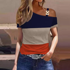 One Shoulder Print T-Shirt Women Short Sleeve Casual Everyday Summer Fashion Top