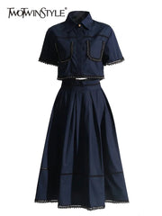 Skirt Set Women 2-Piece Short Sleeve Top High Waist A-Line Casual Elegant Spring Summer Outfit