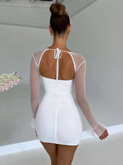 Mini Dress Women Elegant Backless Two Layer Mesh Full Sleeve Zipper Bodycon Club Party Short Dress
