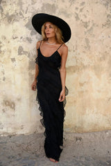 Maxi Dress Women Elegant Deep V-Neck Ruffle Backless Side Split Party Clubwear Long Fashion Dress