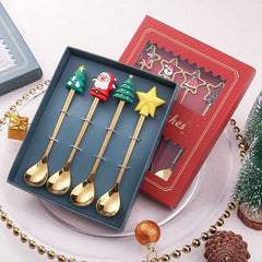 Christmas Silverware Set Gold Elk Tree Spoon Fork Dessert Scoop Fruit Fork Coffee Cutlery Holiday Gift