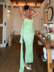 Light Green Scarf Collar Tulle Maxi Dress Women Backless Slim Sheath Elegant Party Wedding