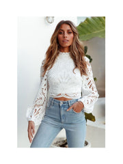 Elegant White Lace Crochet Blouse Hollow Out Cropped Lantern Sleeve Boho Retro Top