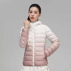 Hooded Down Coat Women Luxury Lightweight Slim Fit Gradient Pattern Elegant Winter Outerwear