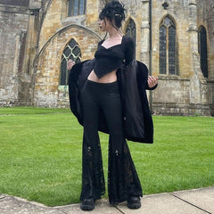 High Waist Mesh Lace Flare Pants Women Goth Black Cross Grunge Y2K Streetwear Casual Fashion