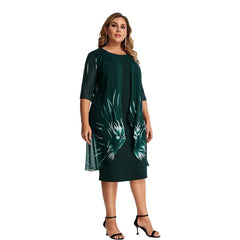 Plus Size Mesh Printed Midi Dress Women Elegant Party Evening Casual Chic Fashion Dress