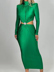 Maxi Dress Women Elegant Hollow Out Turtleneck Long Sleeve Bodycon Club Party Evening Boutique Fashion