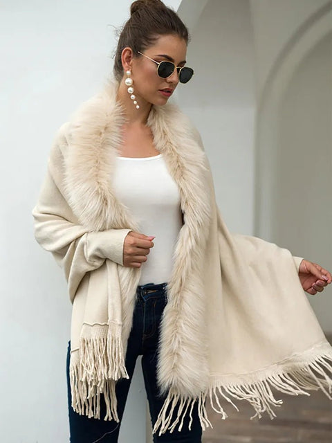 Faux Fur Shawl Women Winter Wrap Boho Fringe Oversized Poncho Cardigan Sweater Warm Casual Fashion