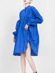 Long Sleeve Asymmetric Maxi Dress Women Pleated Loose Fit Stand Collar Casual Fashion Dress