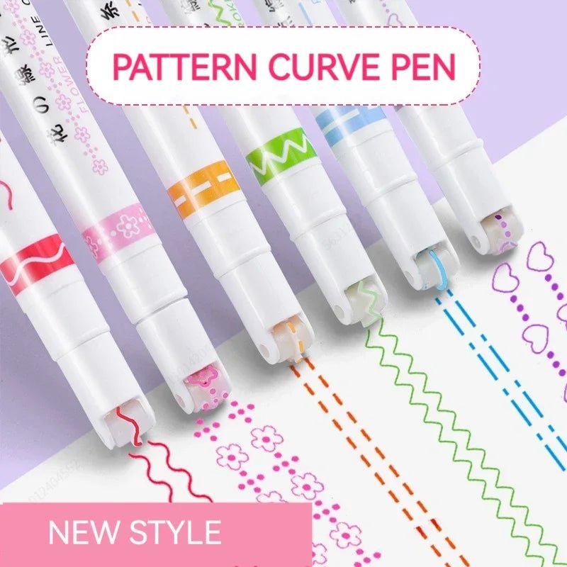 Pattern curve pens with colorful designs on a light purple background