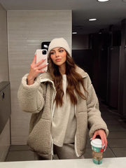 Teddy Fleece Jacket for Women Fake Lamb Wool Jacket Cozy Oversized High Collar Zip-up Coat Fuzzy Winter Outerwear