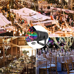 USB light projector with a festive event background featuring tables, chairs, and decorations.