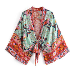Floral Boho Beach Cover Up Women Vintage Short Sashes Robe Casual Summer Swimwear Fashion