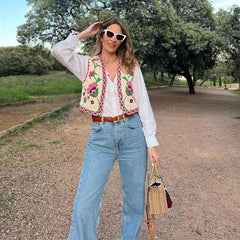 Floral Embroidered Vest Women Vintage Waistcoat Traditional Boho Open Blazer Casual Fashion Top