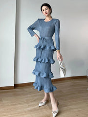 Midi Dress Women Long Pleated 4-Layer Round Neck Solid Ruffle Cake Belt Elegant Cocktail Wedding