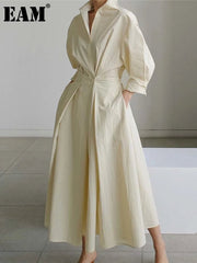 Long Sleeve Midi Dress Women Pleated Elegant Turndown Collar Loose Fit Casual Party Fashion Dress