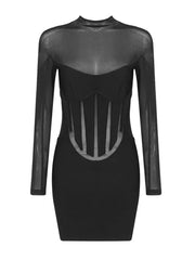 Mini Dress Women Turtleneck Long Sleeve Mesh Black Bodycon Bandage Elegant Evening Club Party Dress