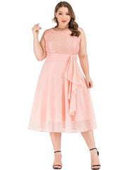 Midi Dress Women Plus Size O-Neck Sleeveless Lace Patchwork Chiffon Elegant Evening Club Wedding Guest