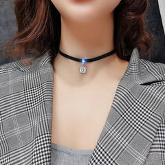 Choker Necklace Women Glitter Shiny Cubic Zirconia Black Leather Short Pendant Aesthetic Jewelry Gift