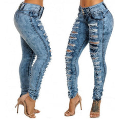 High Waist Ripped Distressed Pencil Jeans Women Blue Casual Denim Fashion Trousers