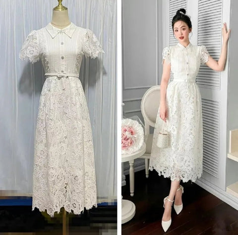 Midi Dress Women Flower Embroidered White Lace Short Sleeve Bow Pearl Bead Evening Prom Holiday Dress