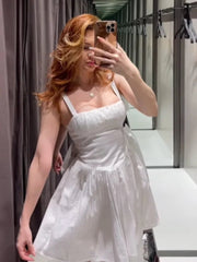Mini Dress Women Elegant Solid Slim Sleeveless Backless A-Line Pleated Hem Party Dress