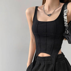 Tank Top Women Fishbone Thread Square Neck Irregular Hook Bottom Sleeveless Boutique Fashion Casual Top