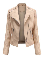 Faux Leather Motorcycle Jacket Women Long Sleeve Zipper Slim Casual Chic Outerwear Fashion