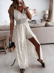 Maxi Dress Women Long Beach Spaghetti Strap Boho Sleeveless Hollow Out Floral Lace Party Summer
