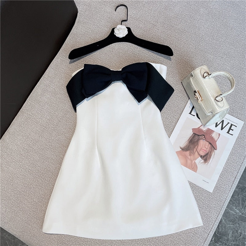 5104 Black Bow Strapless Hi-Low Lace Dress