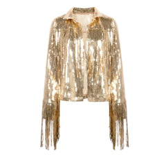 Sequin Glitter Coat Women Retro Long Sleeve Reflective Tassel Chic Casual Outerwear Fashion