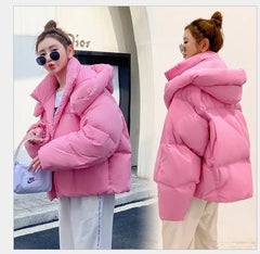 Quilted Jacket Women Fluffy Hooded Bread Down Thick Loose Short Puffer Warm Winter Coat Outerwear